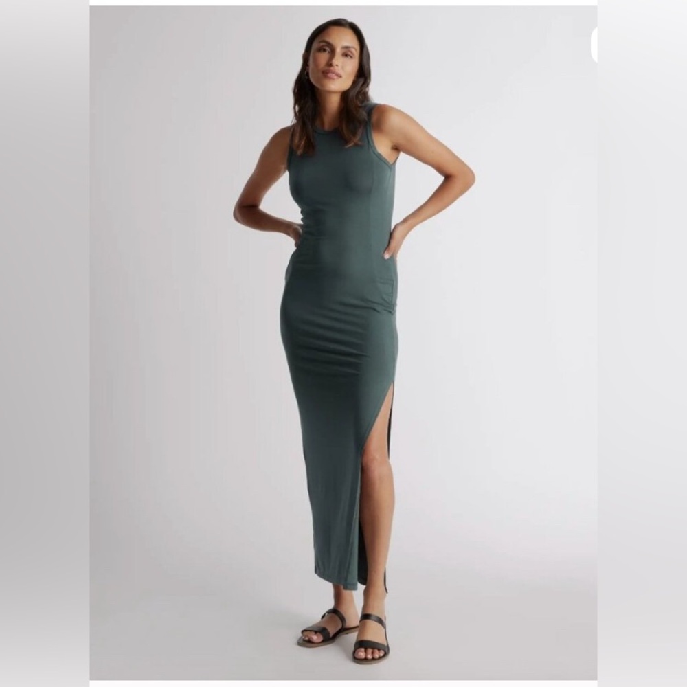 Quince Dark Olive Tencel Jersey Tank Maxi Dress sz XL Side Slit Sleeveless NWT